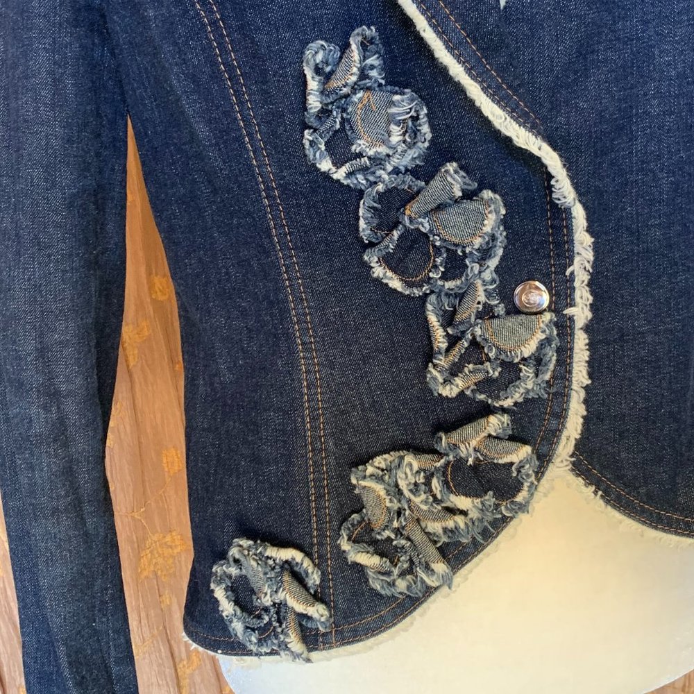 ESCADA Vintage DENIM JACKET WITH GATHERED FLORAL APPLIQUE EUC - Picture 3 of 6